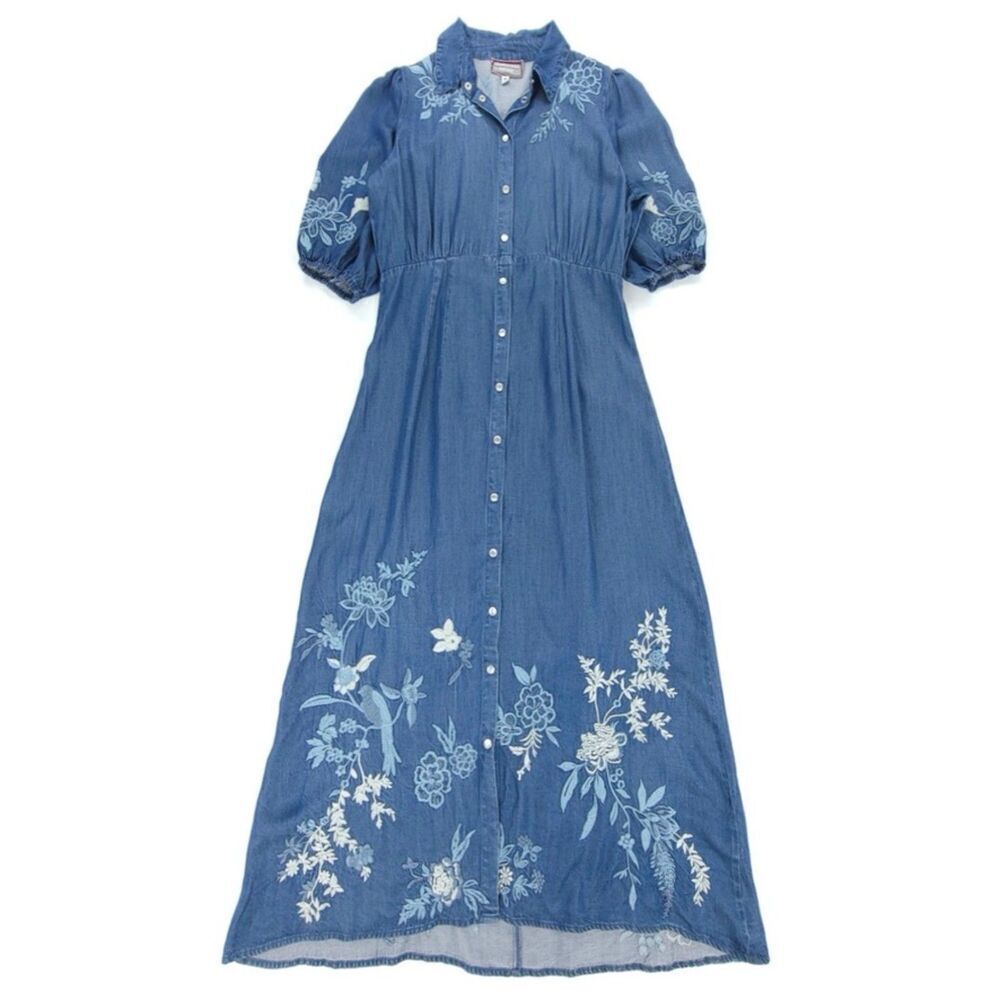 NEW Johnny Was Jacqueline Puff Sleeve Embroidered Western Boho Denim Midi Dress